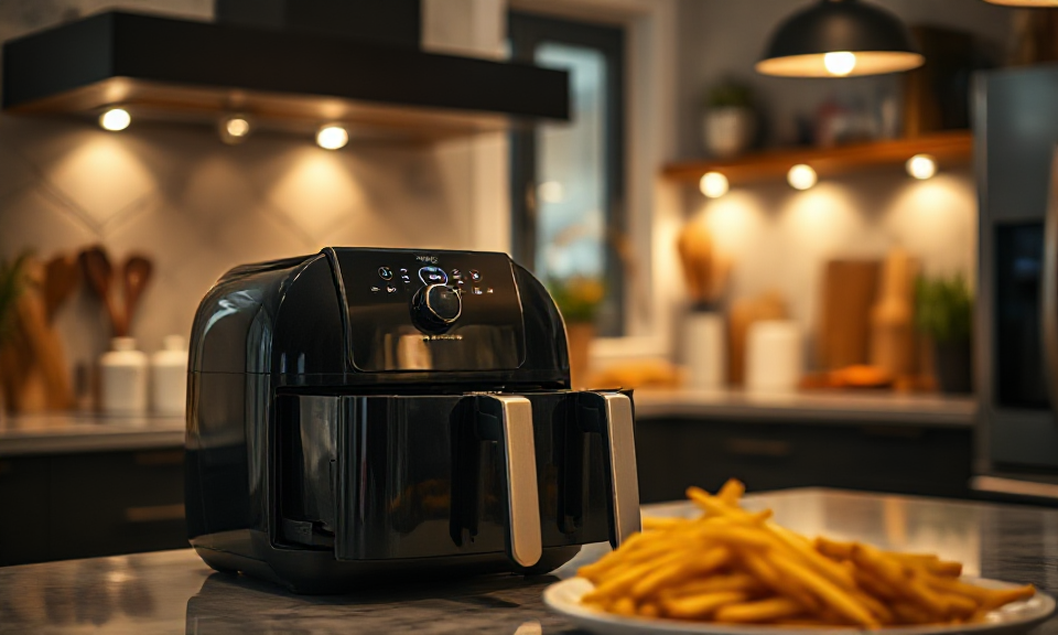 a double slot airfryer in a nice italian kitchen, strong focus, focus in foreground, blurred background, photorealistic, cinematographic, 8k, 4k, dramatic lighting