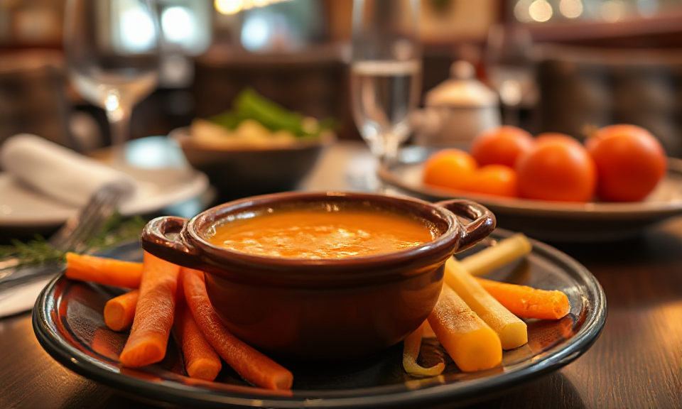 A small brown bowl with bagna cauda sauce on a plate with lengthy pieces of carrots and yellow paprika and celery, pot on a table in a cosy italian restaurant, plate in focus background blurred, KI-generiert mit FLUX.1-schnell