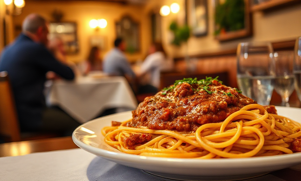 plate with big portion of hot spaghetti bolognese, on a table in a small italian restaurant, focus on plate, people chatting in the background, warm colors