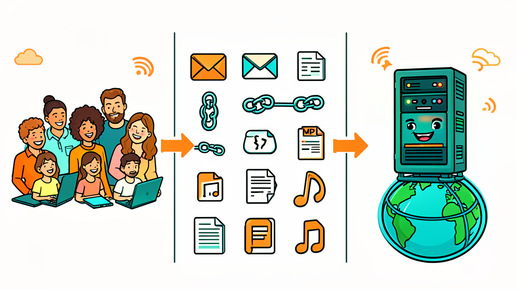 Horizontal comic illustration divided into three connected sections, left to right, Left section: a happy diverse group of people using laptops, tablets and smartphones, smiling, gathered together, Middle section: a grid of simple flat icons representing digital formats, email envelope, chain link, contact card, PDF document, MP3 music note, arranged neatly, connecting lines flowing from left to right, Right section: a friendly smiling server tower character with a happy cartoon face, glowing status lights, standing on a simple globe representing the internet, flat vector comic style, bold clean outlines, bright flat colors, wide-angle shot, even studio lighting, no harsh shadows, warm orange, teal and white color scheme, clean flat shading, no gradients, connecting arrows or flow lines linking all three sections, small cloud and wifi symbols in the background, Style: friendly tech explainer comic. Mood: optimistic, empowering, approachable.
