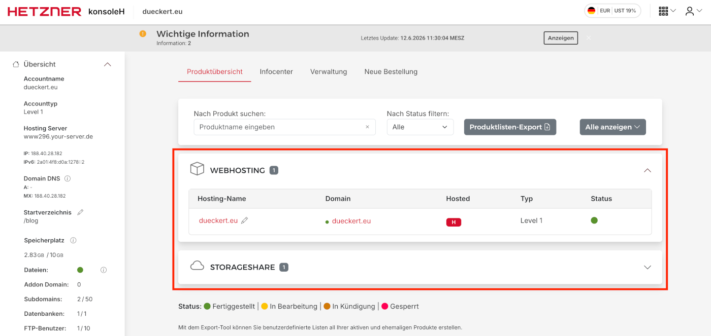 Screenshot der Weboberfläche von Hetzner