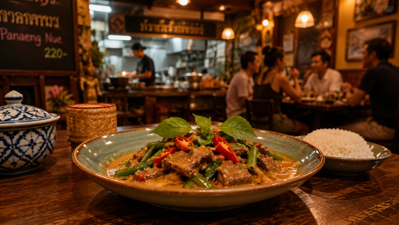 plate with delicious thai panaeg neue on a table in a thai restaurant, table in the foreground focused, people sitting and chatting in the background blurry, thai front kitchen with cook, warm and cosy atmosphere