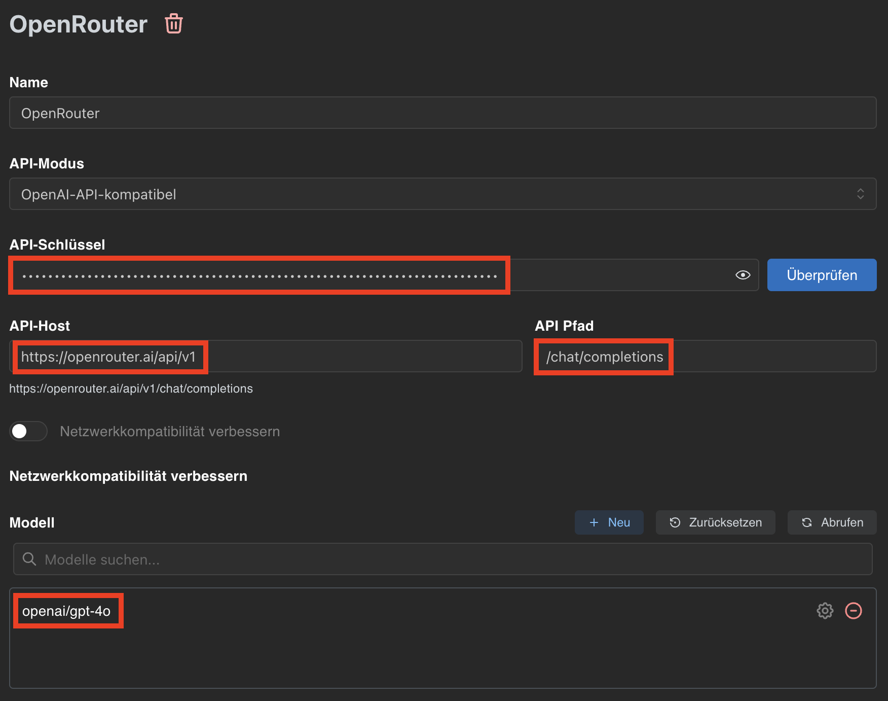 Sprachmodell-Einstellungen in Openrouter