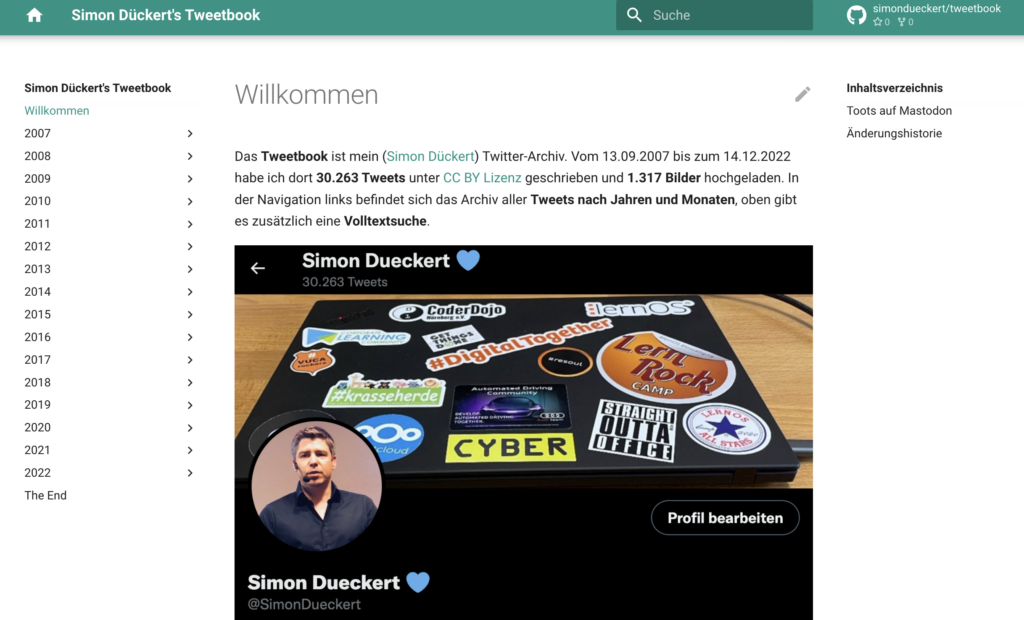 Screenshot der Website Tweetbook von Simon Dückert